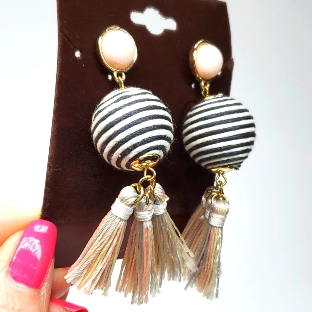 SugarFix Dangly Boho Earrings in Black White Stripped Pastel Tassels